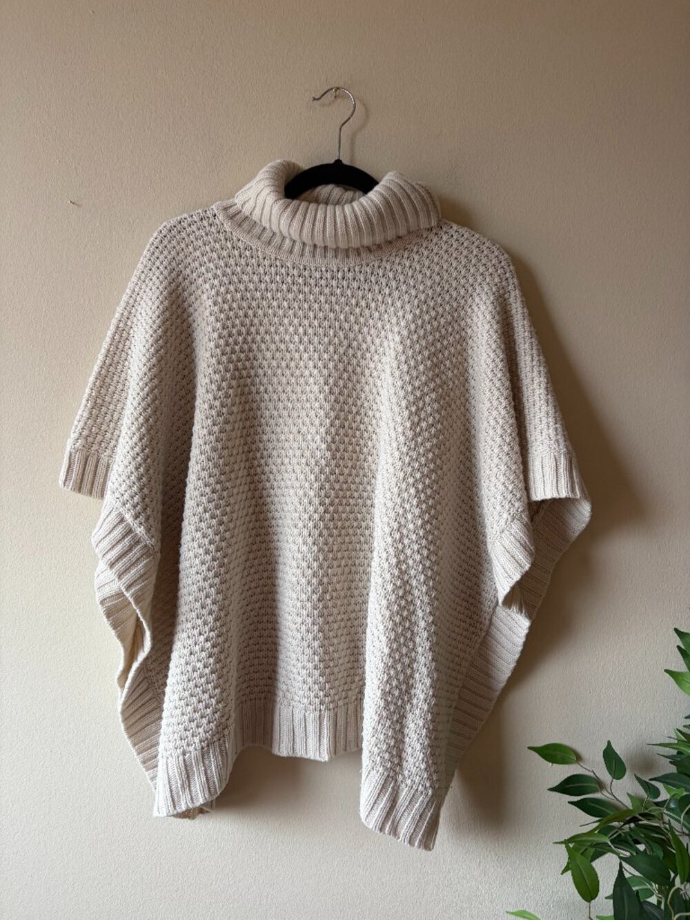 Boho Western Cozy Knit Cream Turtleneck Poncho Oversized Sweater